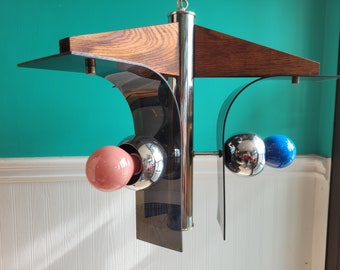 Space Age Chrome and Teak Lucite Ceiling Light