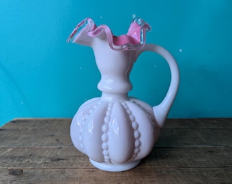 Fenton Pink and White Cased Peach Crest Pitcher, Beaded Melon Shaped Jug with Handle with Ruffled Clear Rim