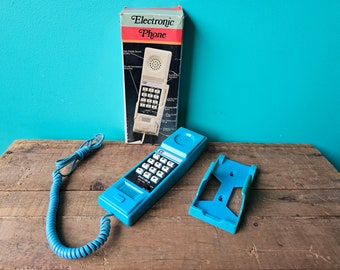 80s Bright Blue Push Button Wall Mounted Telephone