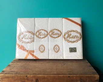 Vintage His and Hers Towel Gift Set Unused in Original Gift Box Abouchar, White with Gold Embroidery