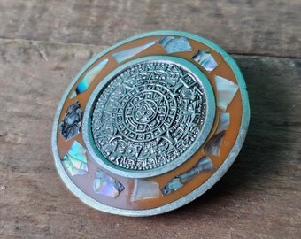 Mexican Abalone Shell Mayan Calendar Brooch/Pendant