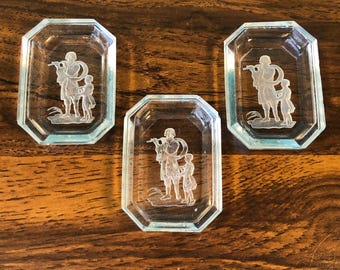 Vintage Pied Piper Engraved Glass Butter Pat Plates, Set of 3, 2 1/4"