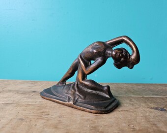 Art Deco Copper Finish Nude Dancer Bookend/Sculpture, 4 1/2" tall x 5" wide x 2" deep