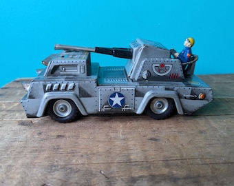 1960s Tin Friction Y3971 Armored Car, Made in Japan, Good Condition,  7 1/2" x 3 1/2" x 3"