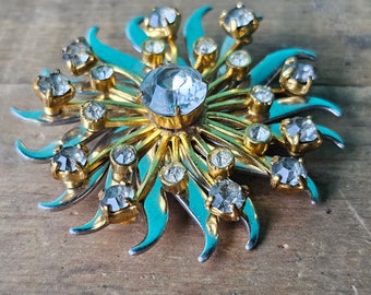 Vintage Sunburst Brooch Silver and Gold Tone with Rhinestones