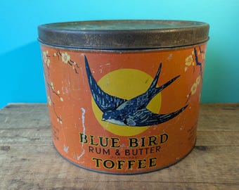 1940s Large Display Tin Blue Bird Rum and Butter Toffee, 10" x 7"