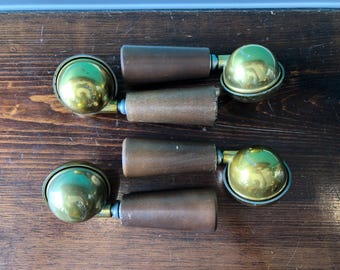 Shepherd Brass and Wood Ball Casters, Mid-Century Modern Swivel Furniture Wheels, Set of Four, USA