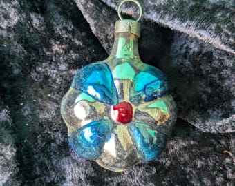 Vintage Glass Christmas Ornament, Embossed Blue Flower, Made in Czechoslovakia, 2 1/2" x 1 3/4" x 1"