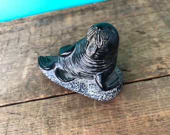 Vintage Lounging Walrus Black Soapstone Figurine, Aardvark Canada Figures to Please