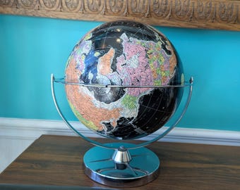1969 Encyclopedia Britannica Globe, Replogle Globes Black and Chrome, 12"