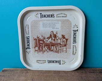 Vintage Teacher's Highland Cream Scotch Whiskey Bar Tray, Square 13 3/4" Metal Tray, Very Good Condition!