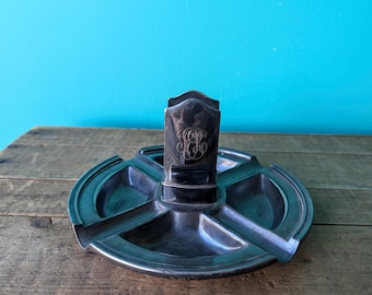 Vintage Reed & Barton Four Compartment Ashtray With Matchbox Holder, Silver Soldered and Mongrammed