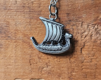 Vintage Viking Ship Pendant Necklace Sweden Pewter