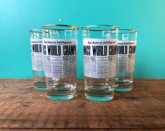 Set of Headline Tumblers, Commemorating Macs (Belleville McFarlands) Hockey Win at 1959 World Championship, Dominion Glass