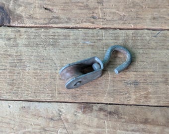 Vintage Small Metal and Wood Suspended Pulley, 1 3/4" x 1/2" B