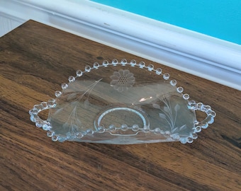 Vintage Curved Cut Crystal Dish, Hughes Cornflower Etched Design with Hobnail Trim