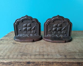 Vintage Pair Bookends The Mayflower, Cast Iron 5 1/2" x 4 1/2"