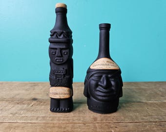 Vintage Ranuzzi Inca Pisco Miniature Bottles with Original Labels and One Cork, Lima Peru, Black Liquor Bottle with Original Labels
