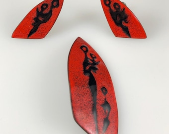 M. de Passille Sylvestre Brooch and Screw Back Earring Set, Modernist Enamel Jewelry from Quebec Artist Duo