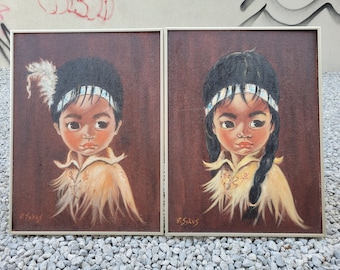 Pair of Signed Framed Original Oil Paintings of Indigenous Children