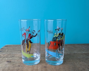 Pair of Midcentury Anchor Hocking Glassware, Gay Nineties Bicycle for Two and Gas Buggy 5 1/2" x 2 3/4"