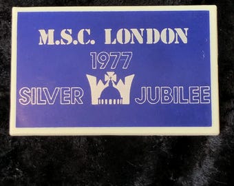 Vintage Button 1977 Silver Jubilee M.S.C. London 2 1/4" x 1 1/2"