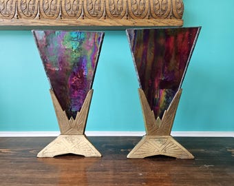 Pair of Art Deco Slag Glass and Cast Iron Table Lamps, 11 3/4" tall