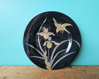 Oiseau Doré Pattern Fitz and Floyd Luncheon/Dessert Plate, Gold Bird and Iris on Black Background, 7 1/2" Replacement Plate