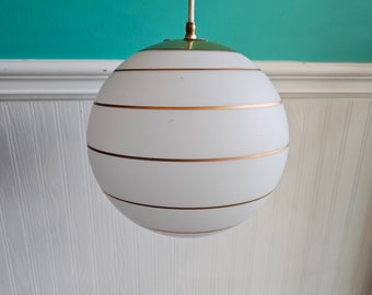 1970s Glass Globe and Gold Band Pendant Light