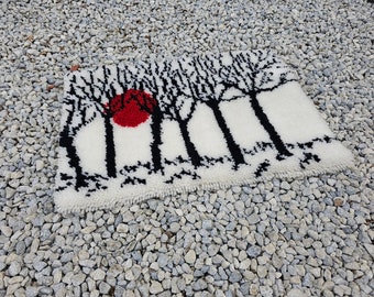 Midcentury Modern Latch Hook Shag Rug Art Trees and Sunset