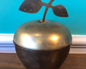 Vintage Solid Brass Apple Shaped Container, Made in India, 5" diameter x 6 1/2" tall