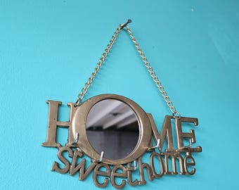 Brass "Home Sweet Home" Hanging Key Rack With Mirror. Made in Taiwan 1970s-80s. 7.75" x 4"