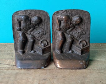 Vintage Pair Bookends Foundry Worker, Cast Iron 5" x 4"