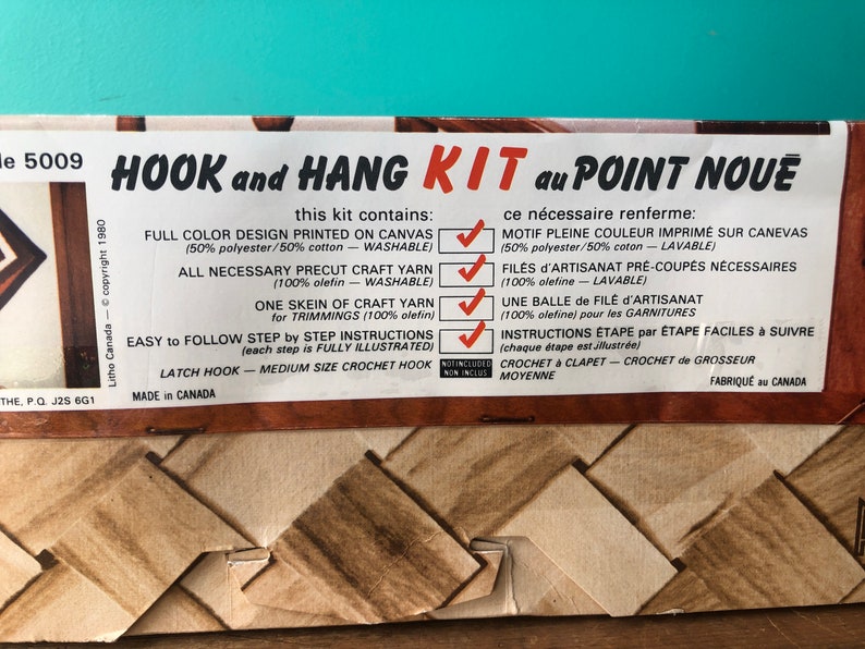 May include: A brown and tan cardboard box with a colorful image of a woven basket. The box is labeled "HOOK and HANG KIT au POINT NOUE" and lists the contents of the kit, including a full color design printed on canvas, yarn, and instructions. The box is made in Canada.