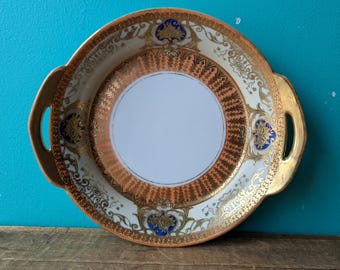 Antique Noritake Lustreware Handled Serving Bowl, Hand Painted Made in Japan, 8 3/8"