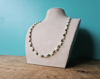 Vintage Necklace with Hand Carved Tulip Shaped Shell and Green Glass Beads 24"