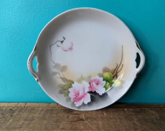 Antique Noritake Trinket Dish with Two Handles, Pink Cabbage Rose Design, Hand Painted Japan, 1920s - 1940s
