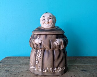 Vintage Friar Tuck Cookie Jar, Thou Shall Not Steal, Monk Ceramic Lidded Container, 9 1/2" tall, Gift Craft Toronto