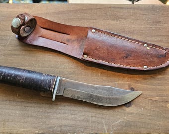 1950s West-Cut K5 Hunting Knife with Leather Sheath, 8.5" long, Made in Boulder Colorado USA