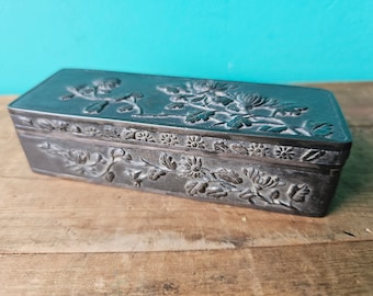 Antique Chinese Export Trinket Box, Hand Carved Antimony Silver Plated, Signed Luen Hing Shanghai 1875-1930
