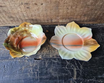 Antique Noritake Flower Shaped Bowl and Saucer, Scenic Lake View with Tree and Duck, Hand Painted Made in Japan