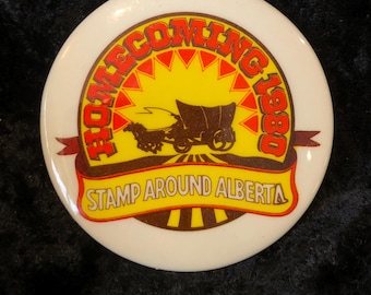 Vintage Button 1980 Stamp Around Alberta 2 1/4"