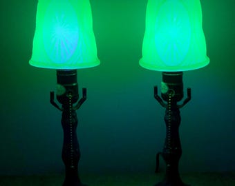 Pair of Uranium Glass Table Lamps, 13" Tall B