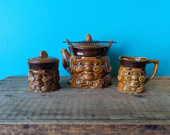 Vintage Toby Style Teapot, Creamer and Sugar Bowl, Made in Japan