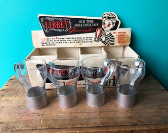 Set of Four Libbey Old Time Soda Fountain Glassware Set with Original Box