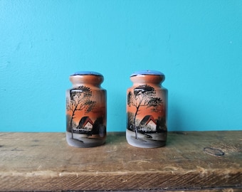 Antique Lustreware Ceramic Salt and Pepper Set, Made in Japan, Hand Painted House in a Meadow