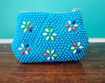 Cute Vintage Blue Corduroy Beaded Clutch Purse