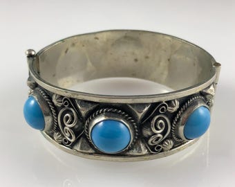 Vintage Silver and Blue Glass Hinged Cuff Bracelet, 1" wide