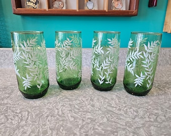 Set of Four Vintage Tumblers Green Glass with Raised White Foliage Design