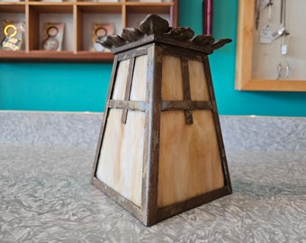 1930's Slag Glass Pendant Lamp Shade Lantern Style Arts & Crafts